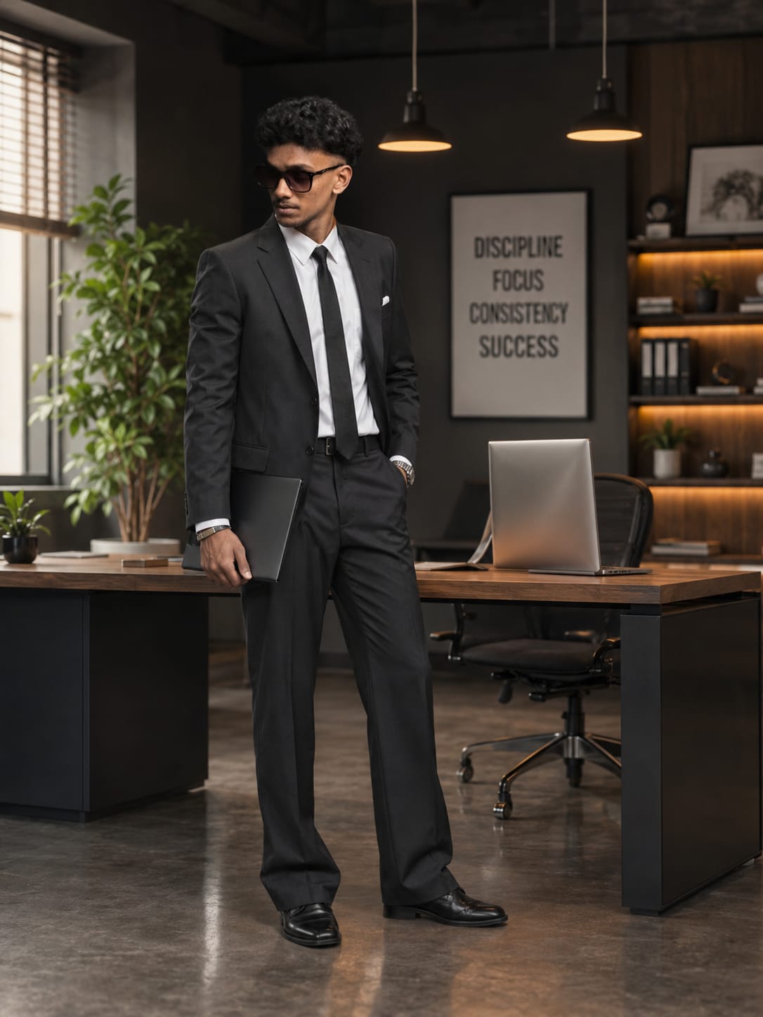 Professional businessman standing in a modern office workspace wearing a formal suit
